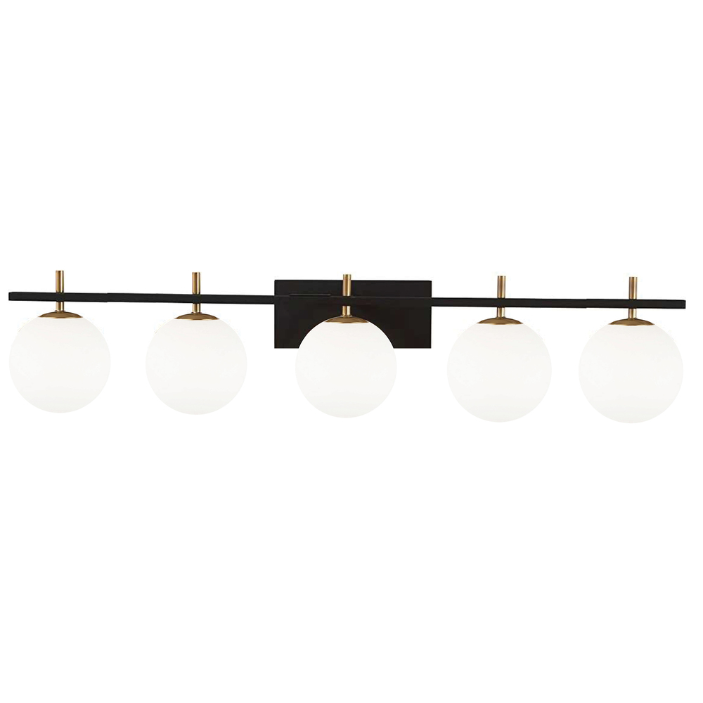 5 Light Halogen Vanity, Matte Black and Aged Brass