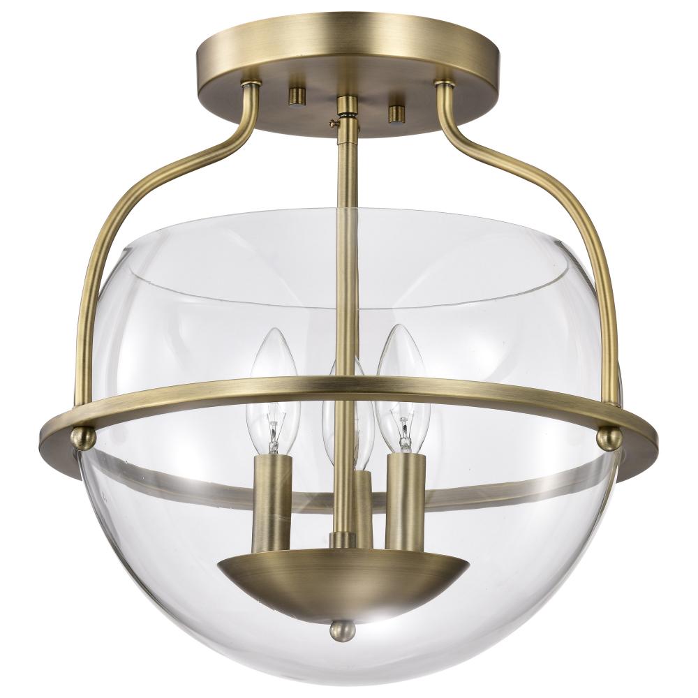 Amado 3 Light Semi Flush Mount; Vintage Brass Finish; Clear Glass